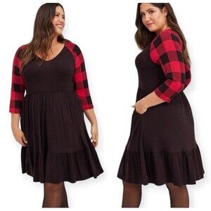 Torrid Women's Super Soft Knits Skater Dress Size 1 1X Brown Red Plaid Stretch